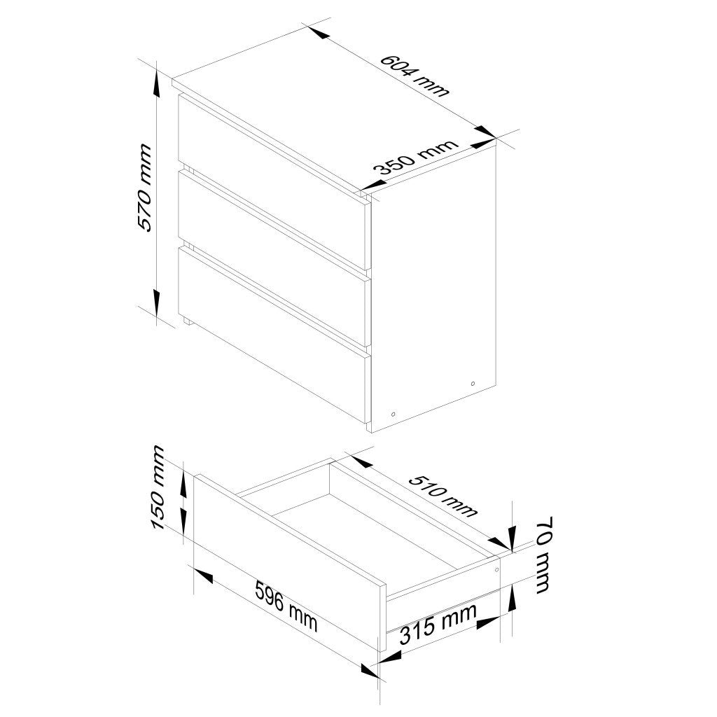 Noptiera cu 3 sertare, PAL laminat 16 mm, 60x35x57 cm, stejar sonoma si alb