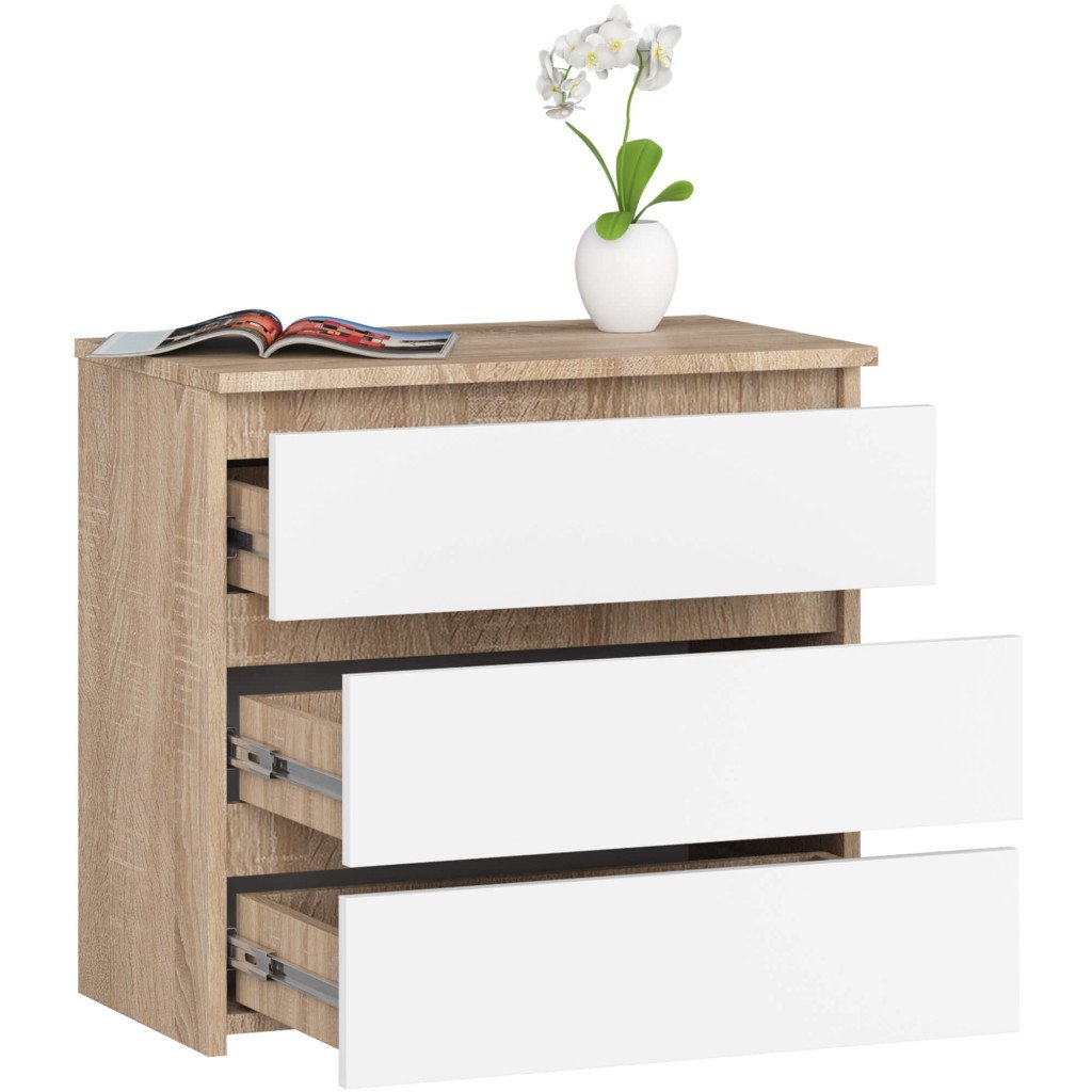 Noptiera cu 3 sertare, PAL laminat 16 mm, 60x35x57 cm, stejar sonoma si alb