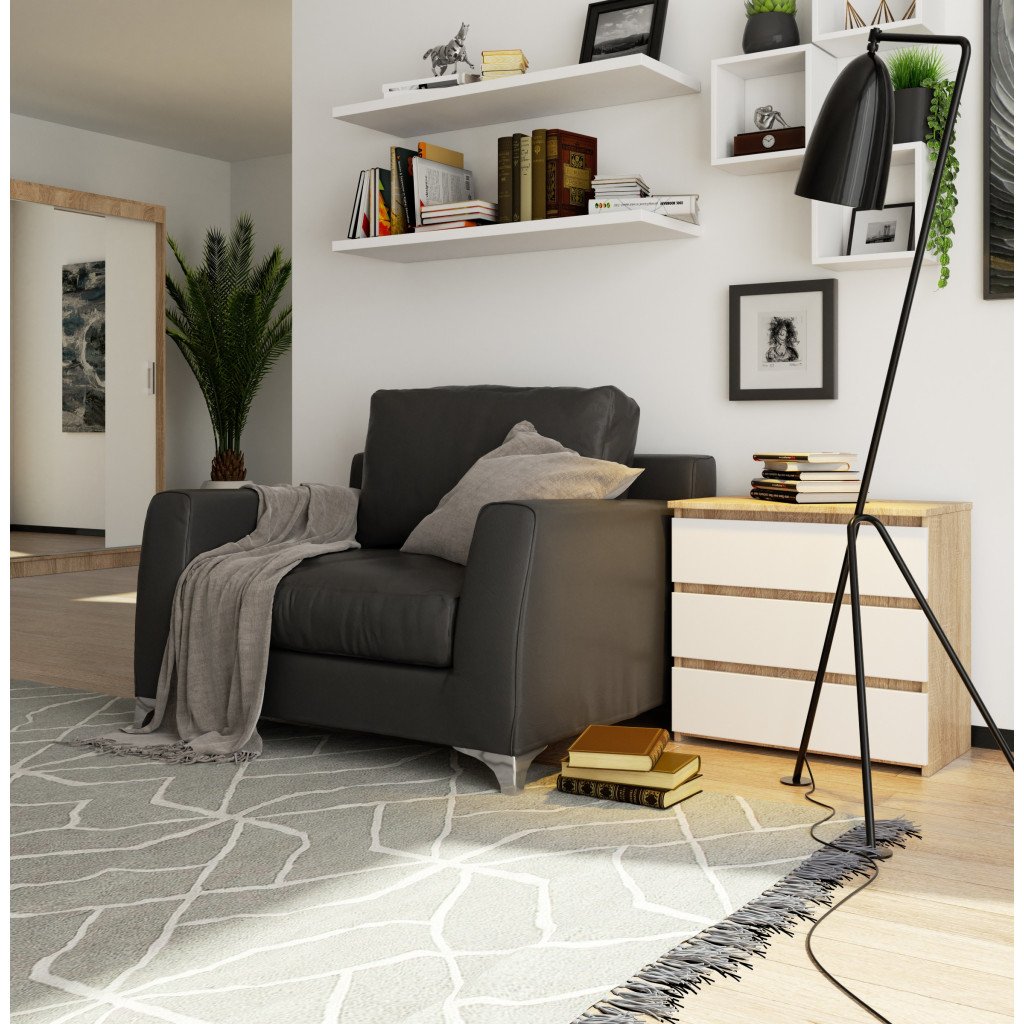 Noptiera cu 3 sertare, PAL laminat 16 mm, 60x35x57 cm, stejar sonoma si alb