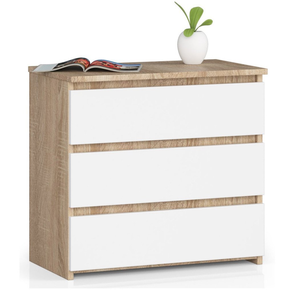 Noptiera cu 3 sertare, PAL laminat 16 mm, 60x35x57 cm, stejar sonoma si alb