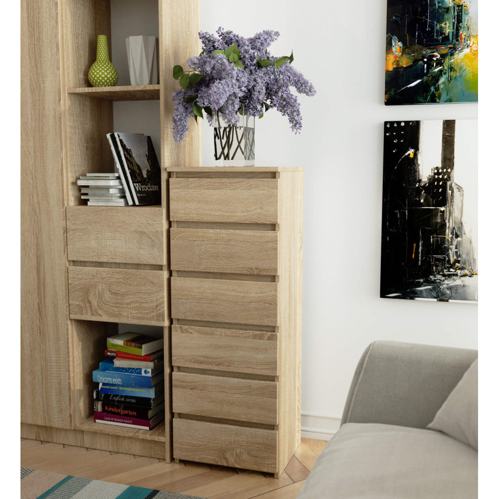 Comoda cu 6 sertare, PAL laminat 16 mm, 40x35x109 cm, stejar sonoma