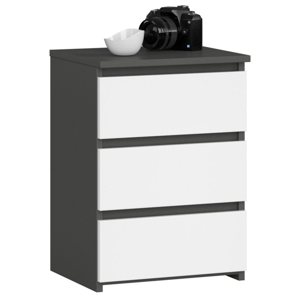 Noptiera cu 3 sertare, PAL laminat 16 mm, 40x35x57 cm, gri grafit si alb