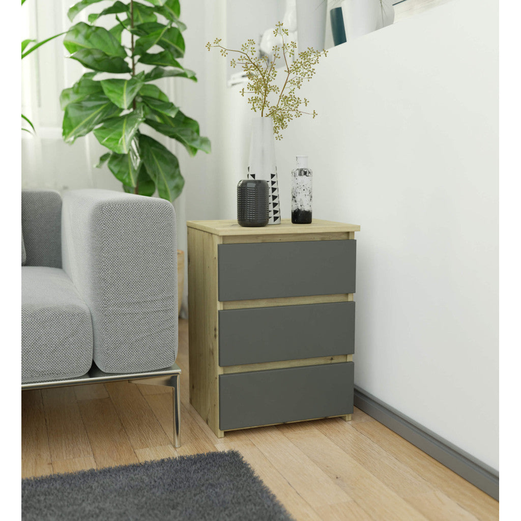 Noptiera cu 3 sertare, PAL laminat 16 mm, 40x35x57 cm, stejar artisan si gri