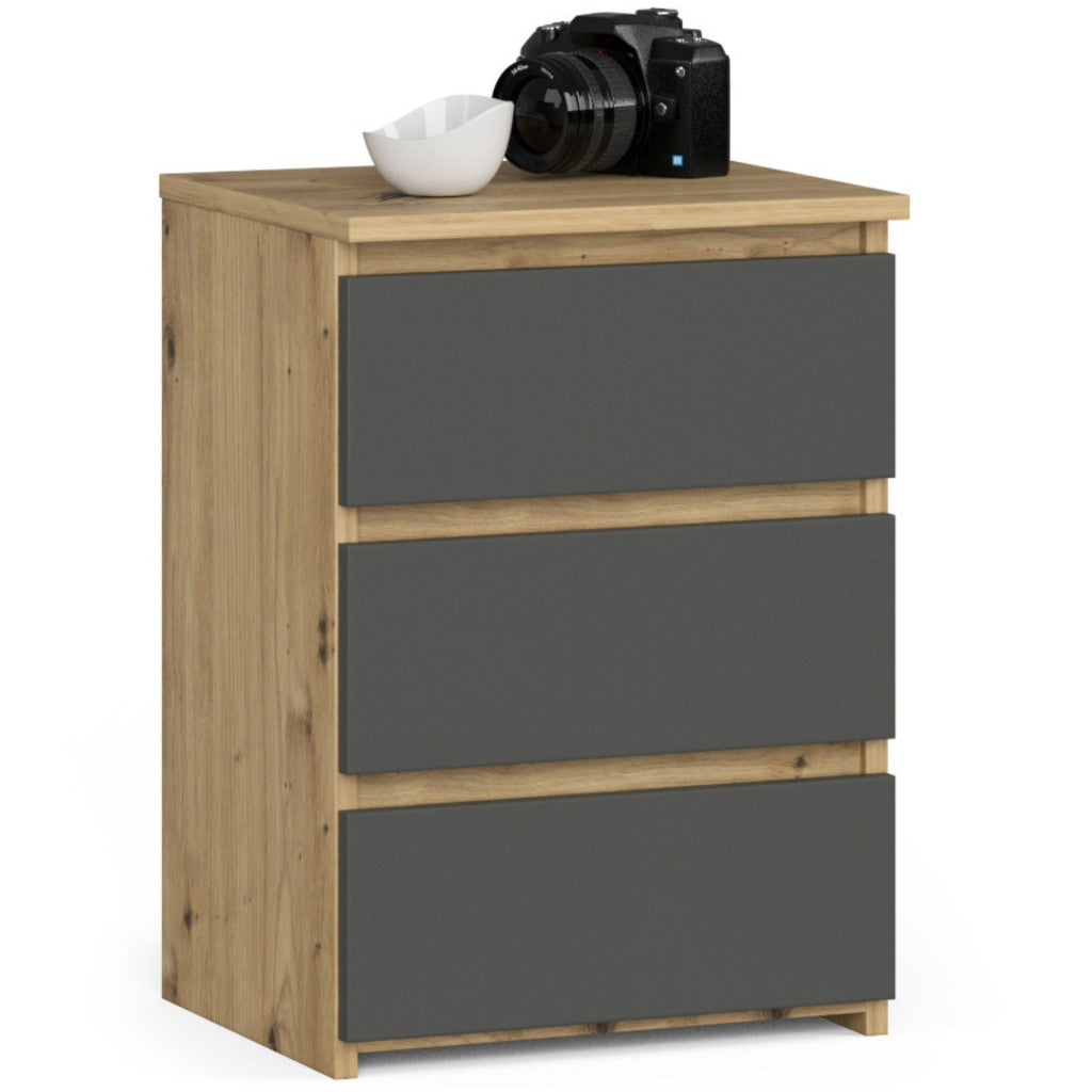 Noptiera cu 3 sertare, PAL laminat 16 mm, 40x35x57 cm, stejar artisan si gri