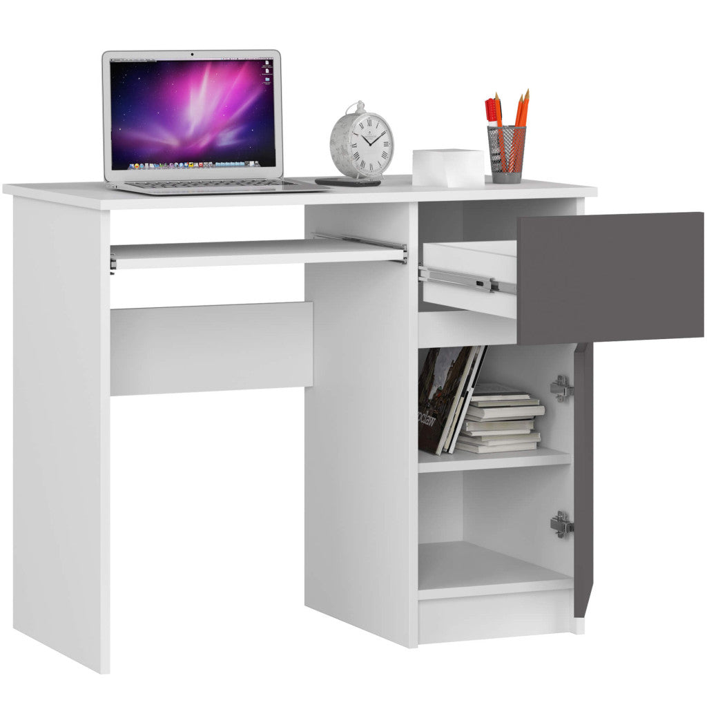 Birou computer PIKSEL, cu sertar, dulap si raft pentru tastatura, dreapta, 90x50x77 cm, alb si gri