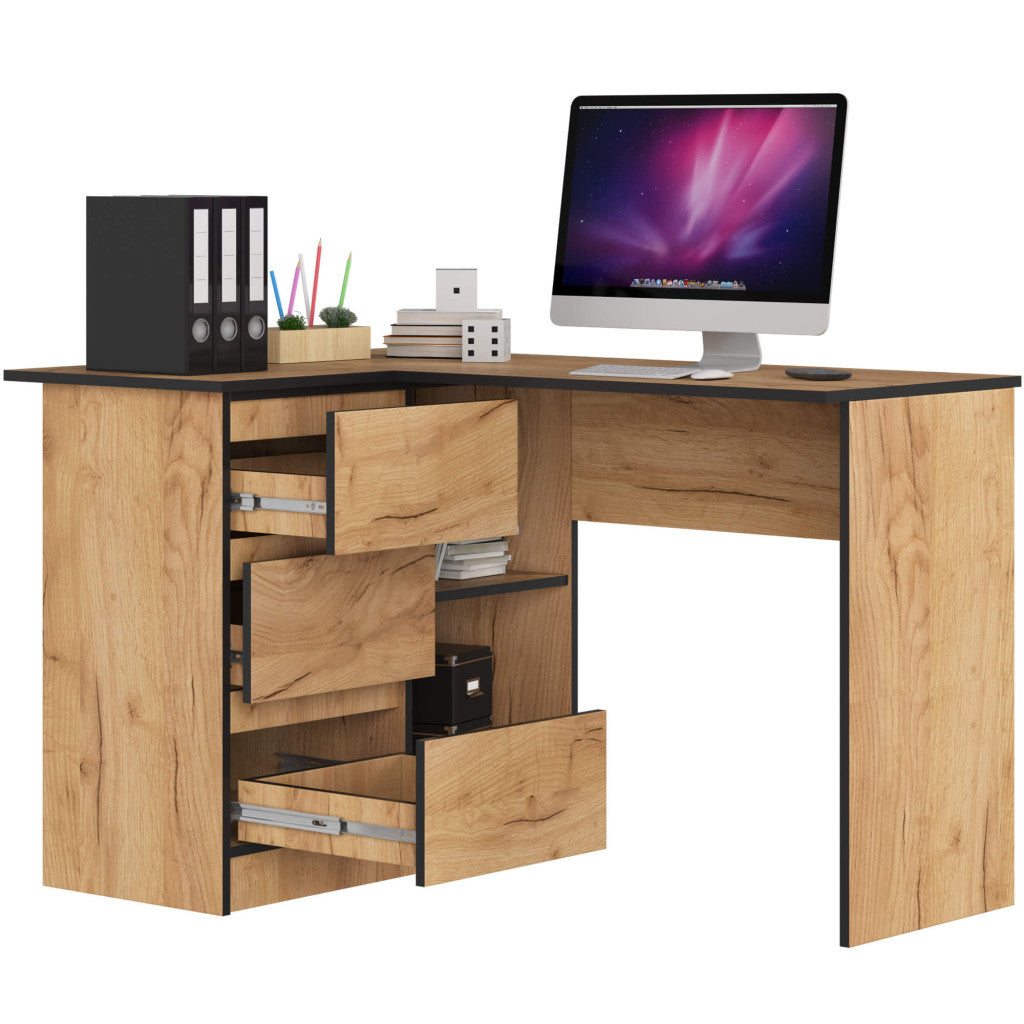 Birou colt stanga, cu 3 sertare si rafturi, PAL laminat, 124x85x77 cm, stejar craft