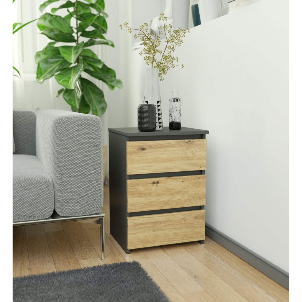 Noptiera cu 3 sertare, PAL laminat 16 mm, 40x35x57 cm, gri si stejar artisan