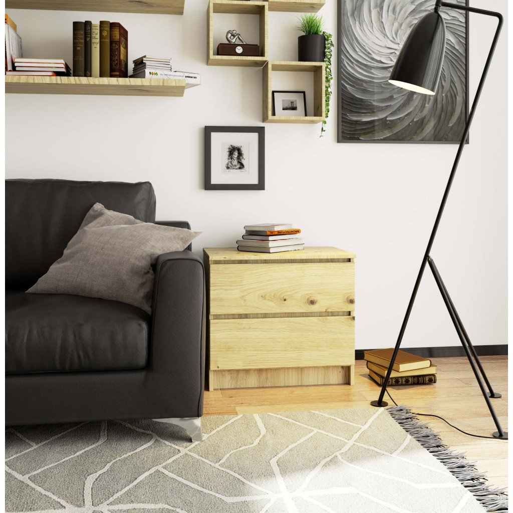 Noptiera cu 2 sertare din PAL laminat 16 mm, 60x40x55 cm, stejar artisan