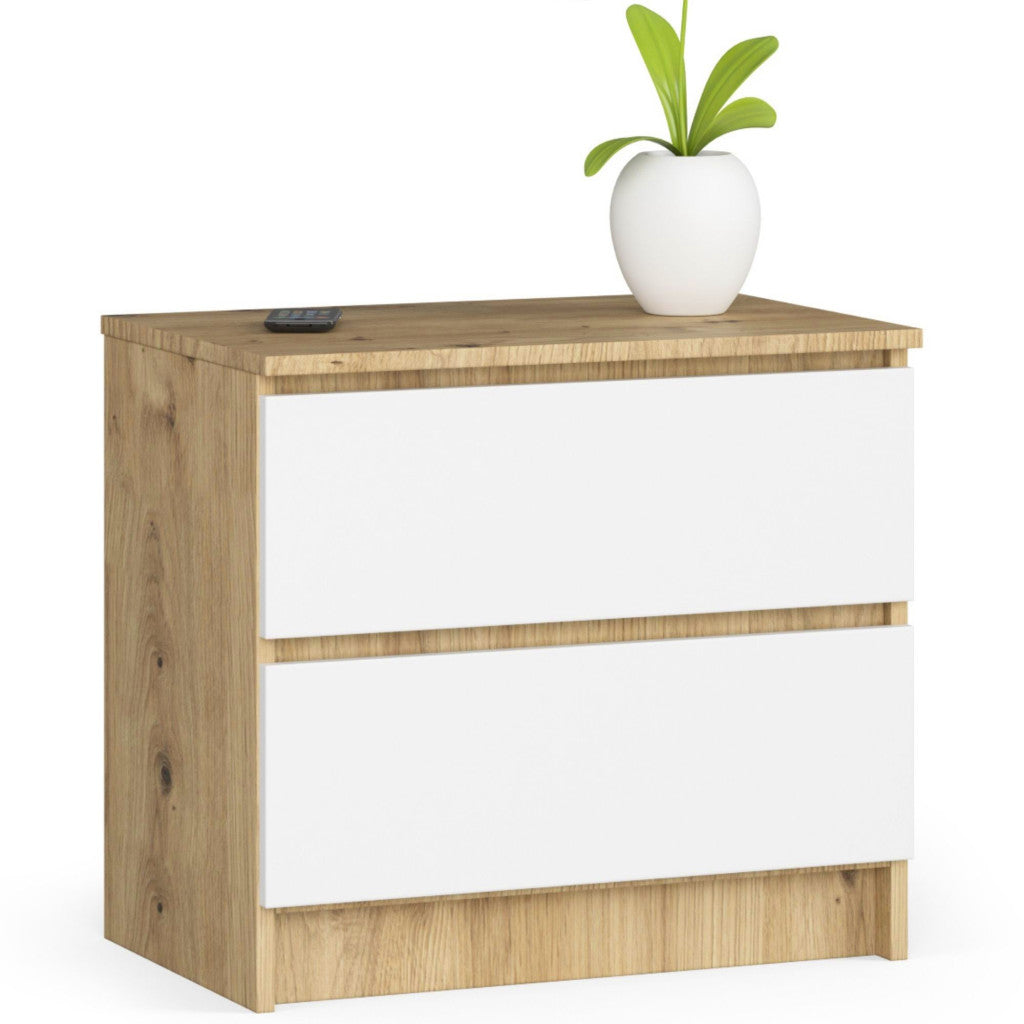 Noptiera cu 2 sertare din PAL laminat 16 mm, 60x40x55 cm, stejar artisan si alb