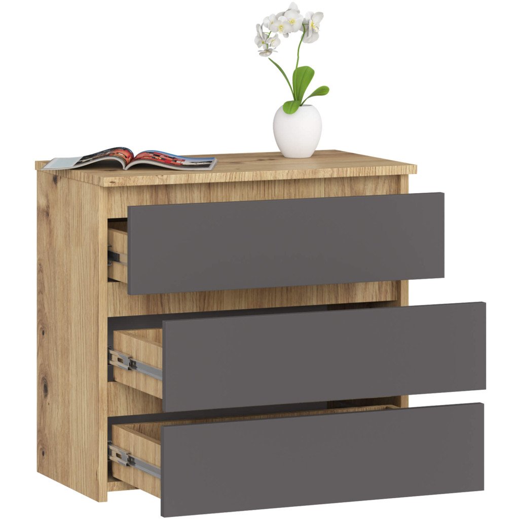 Noptiera cu 3 sertare, PAL laminat 16 mm, 60x35x57 cm, stejar artisan si gri