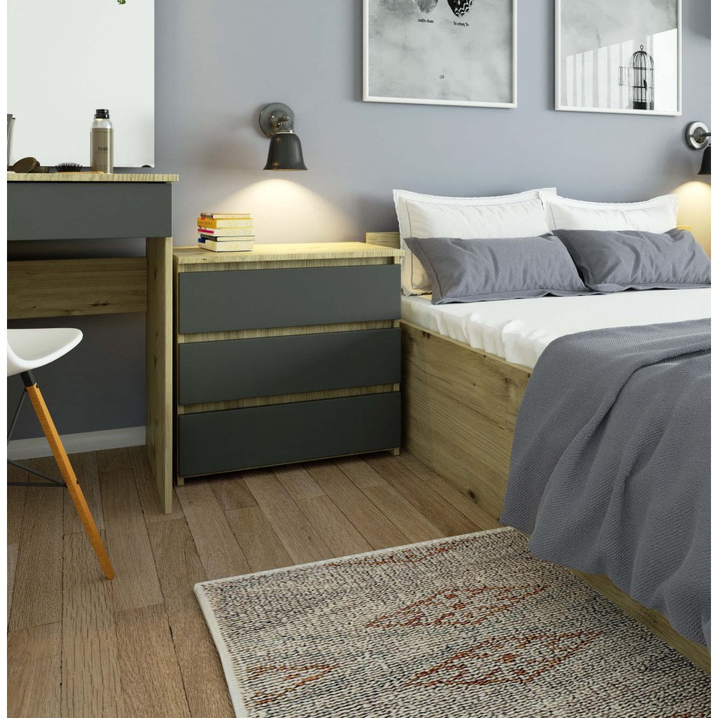 Noptiera cu 3 sertare, PAL laminat 16 mm, 60x35x57 cm, stejar artisan si gri