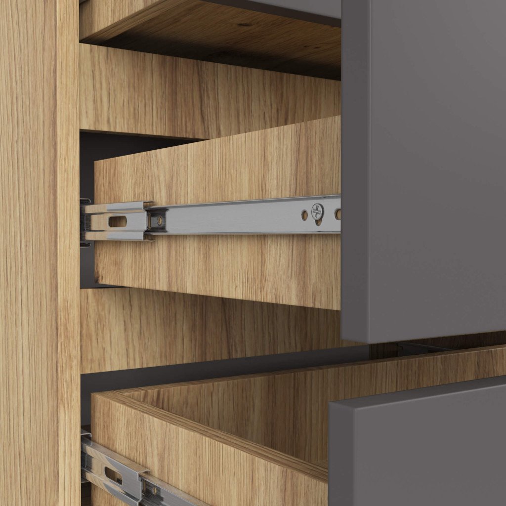Noptiera cu 3 sertare, PAL laminat 16 mm, 60x35x57 cm, stejar artisan si gri