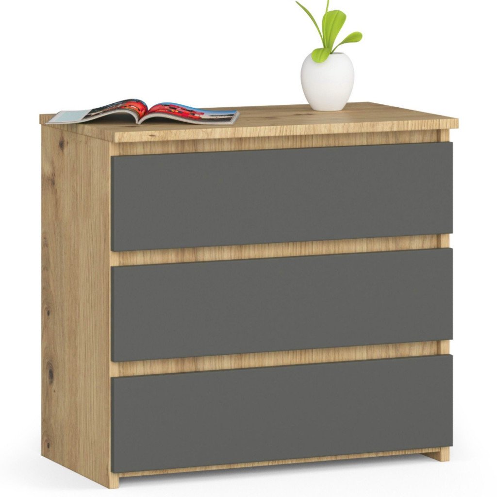 Noptiera cu 3 sertare, PAL laminat 16 mm, 60x35x57 cm, stejar artisan si gri