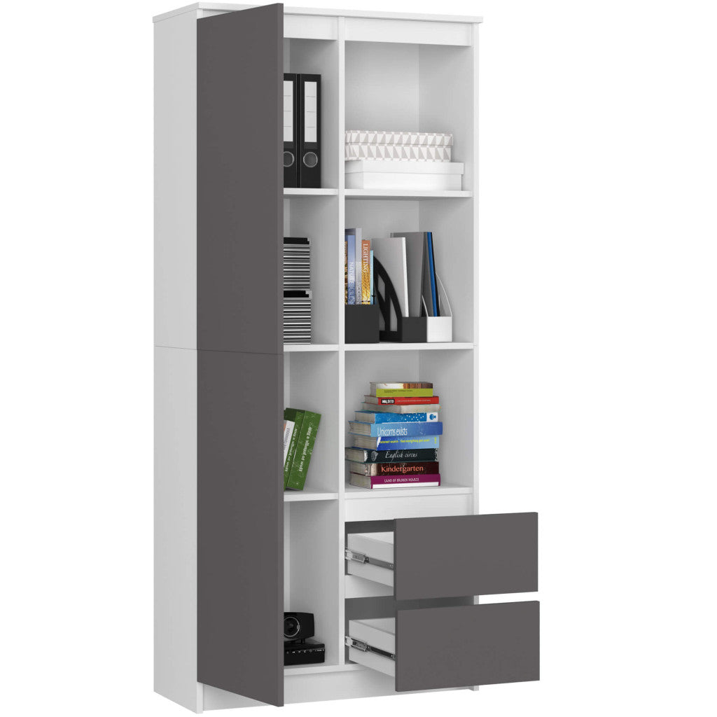 Dulap cu usa, 2 sertare si 7 rafturi, PAL laminat 16 mm, 80x35x180 cm, alb si gri