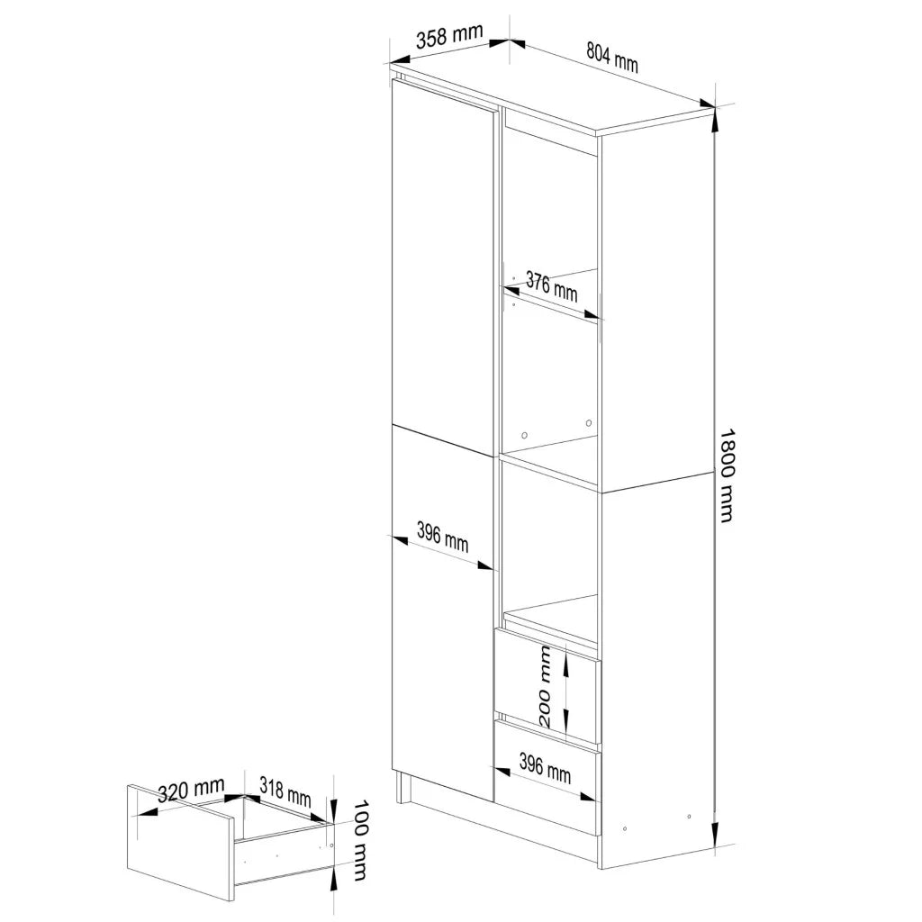 Dulap cu usa, 2 sertare si 7 rafturi, PAL laminat 16 mm, 80x35x180 cm, alb si gri