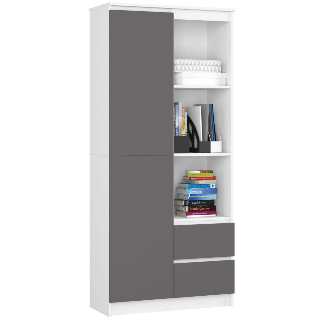 Dulap cu usa, 2 sertare si 7 rafturi, PAL laminat 16 mm, 80x35x180 cm, alb si gri