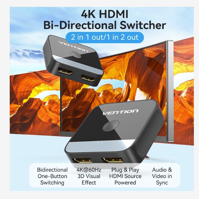 Switch video Vention, HDMI(M) la 2 x HDMI(M), rezolutie maxima 4K la 60Hz, conectori auriti, dublu sens, invelis acrilic si ABS, negru, "AKOB0" - 6922794769076