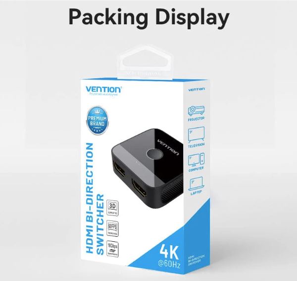 Switch video Vention, HDMI(M) la 2 x HDMI(M), rezolutie maxima 4K la 60Hz, conectori auriti, dublu sens, invelis acrilic si ABS, negru, "AKOB0" - 6922794769076
