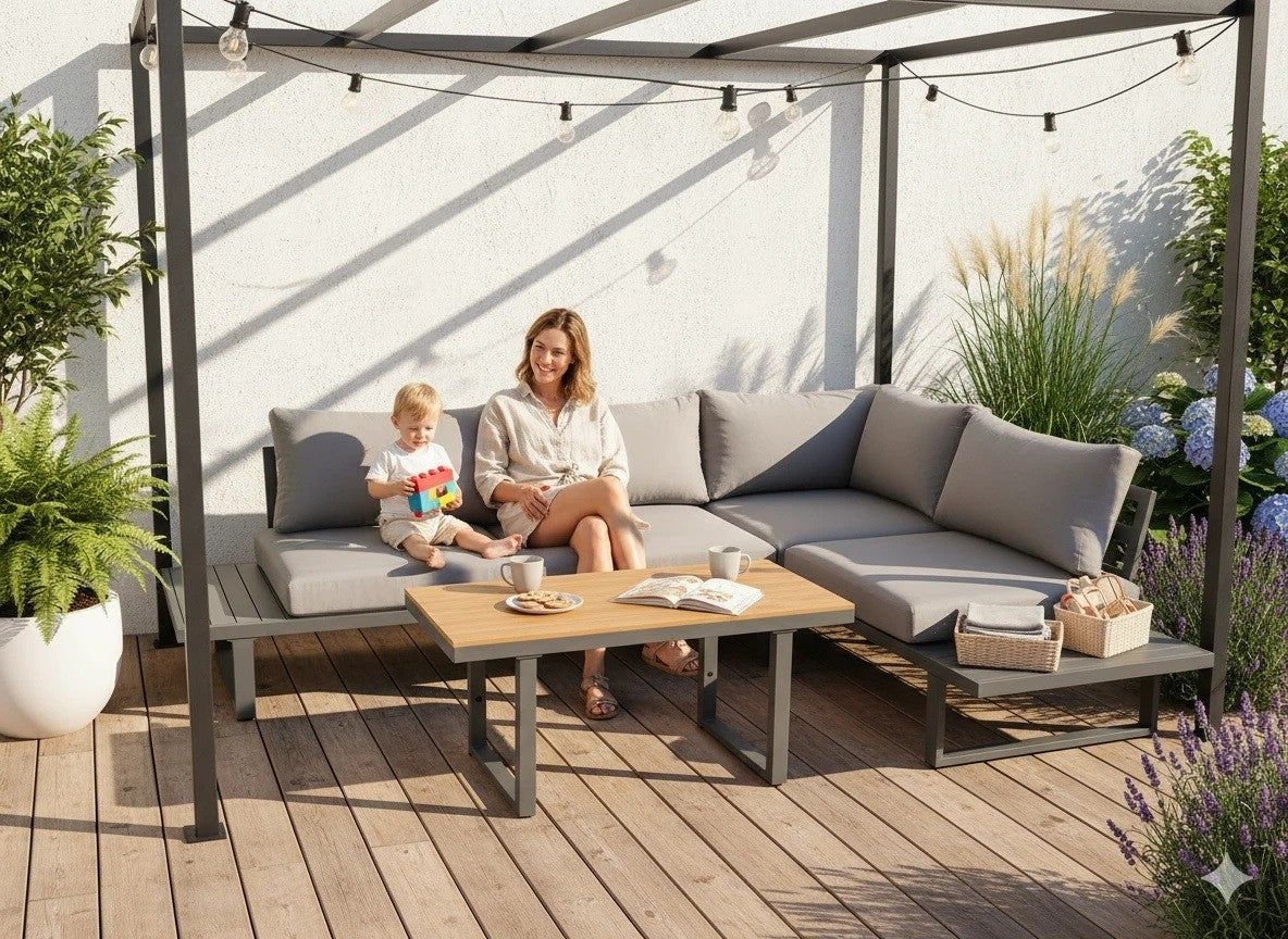 Set mobilier gradina Bogota coltar modular, 2 canapele si masa cu inaltime reglabila, cadru aluminiu, 160x70x79 cm, gri