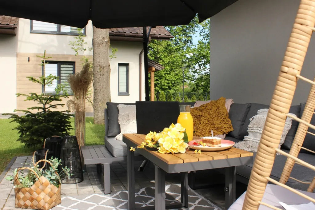 Set mobilier gradina Bogota coltar modular, 2 canapele si masa cu inaltime reglabila, cadru aluminiu, 160x70x79 cm, gri