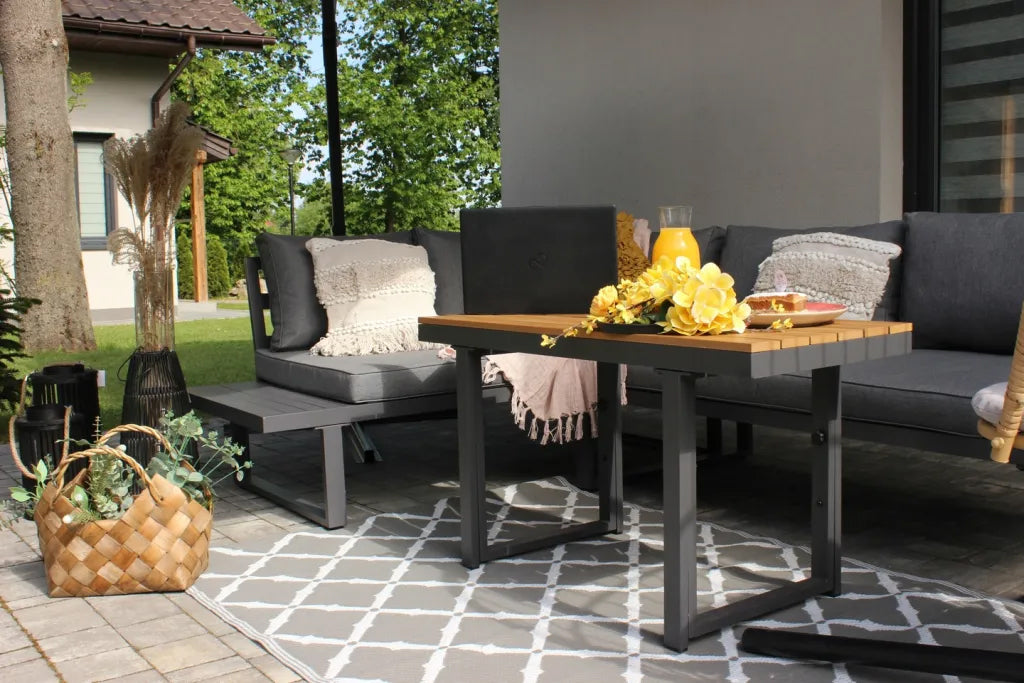 Set mobilier gradina Bogota coltar modular, 2 canapele si masa cu inaltime reglabila, cadru aluminiu, 160x70x79 cm, gri