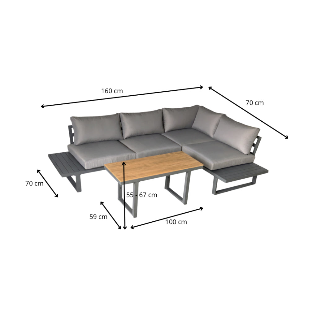Set mobilier gradina Bogota coltar modular, 2 canapele si masa cu inaltime reglabila, cadru aluminiu, 160x70x79 cm, gri