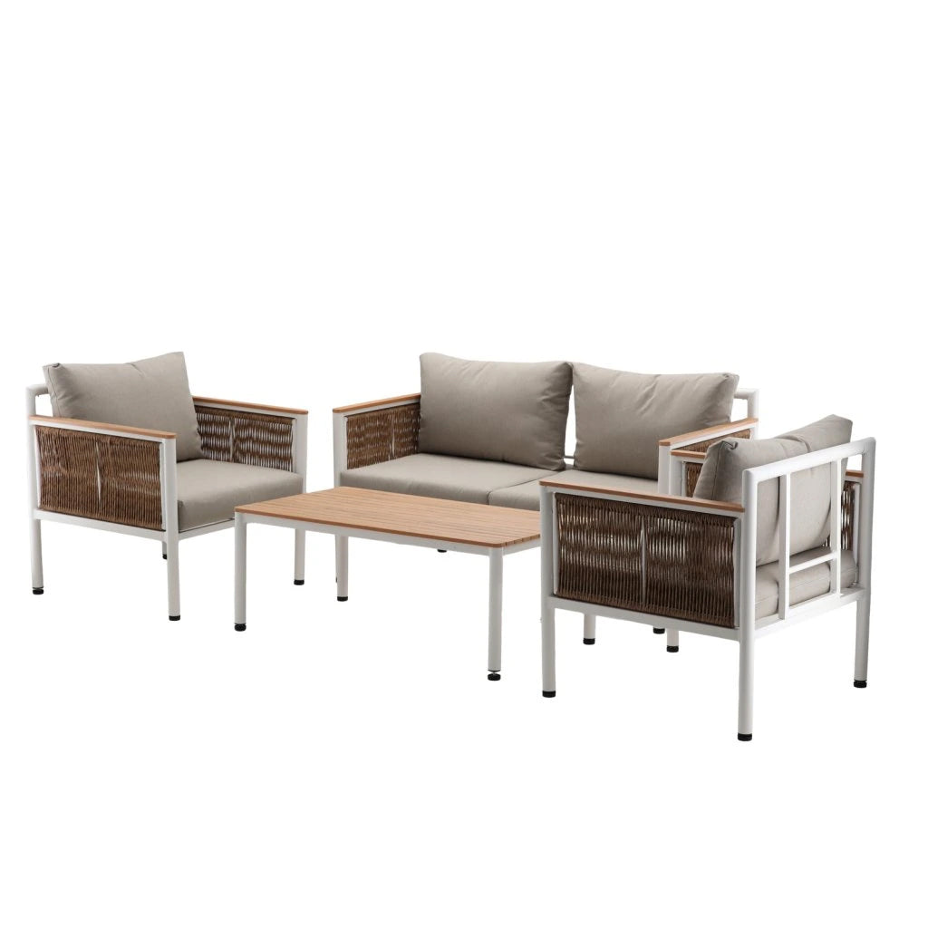 Set mobilier gradina Belgrad 4 piese, cu perne, canapea 2 locuri, 2 fotolii si masa, cadru aluminiu, 129x68x70 cm, bej