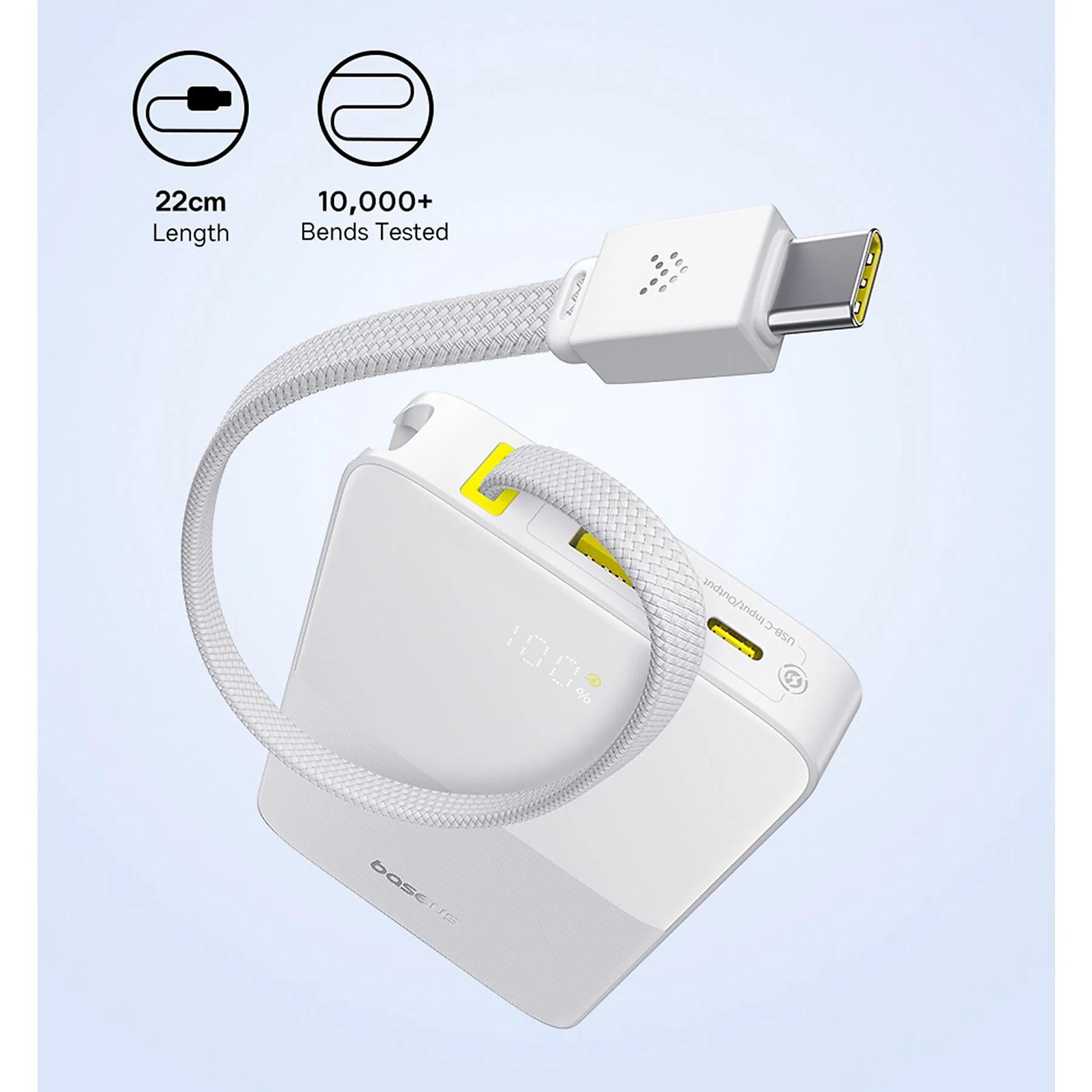 POWER BANK Baseus EnerFill FC51 Bipow2 Pro, 10000mAh, 22.5W, 1 x USB Type-C, 1 x USB, cablu integrat USB Type-C 22cm, alb, "E0027601" - 6932172691868