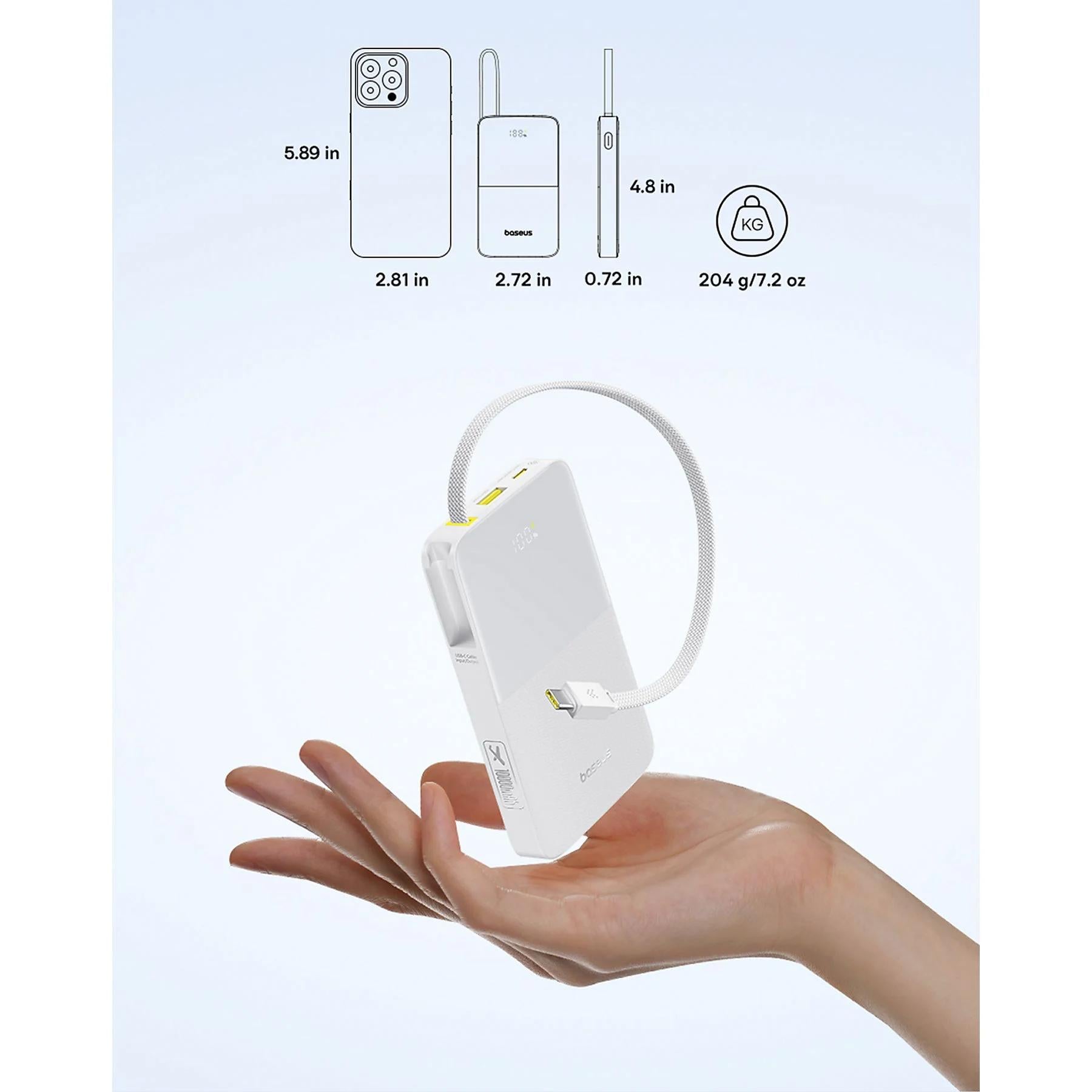 POWER BANK Baseus EnerFill FC51 Bipow2 Pro, 10000mAh, 22.5W, 1 x USB Type-C, 1 x USB, cablu integrat USB Type-C 22cm, alb, "E0027601" - 6932172691868