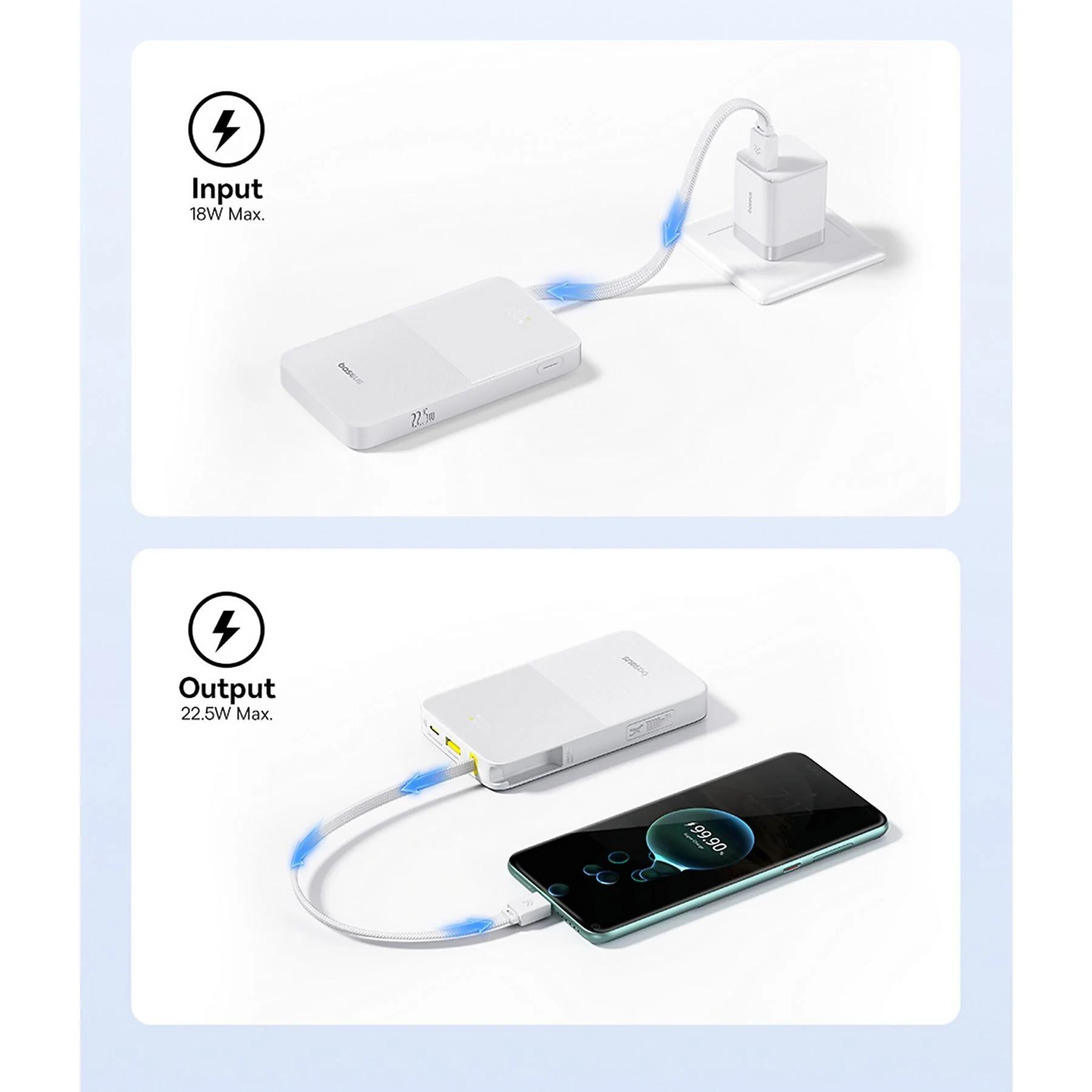 POWER BANK Baseus EnerFill FC51 Bipow2 Pro, 10000mAh, 22.5W, 1 x USB Type-C, 1 x USB, cablu integrat USB Type-C 22cm, alb, "E0027601" - 6932172691868