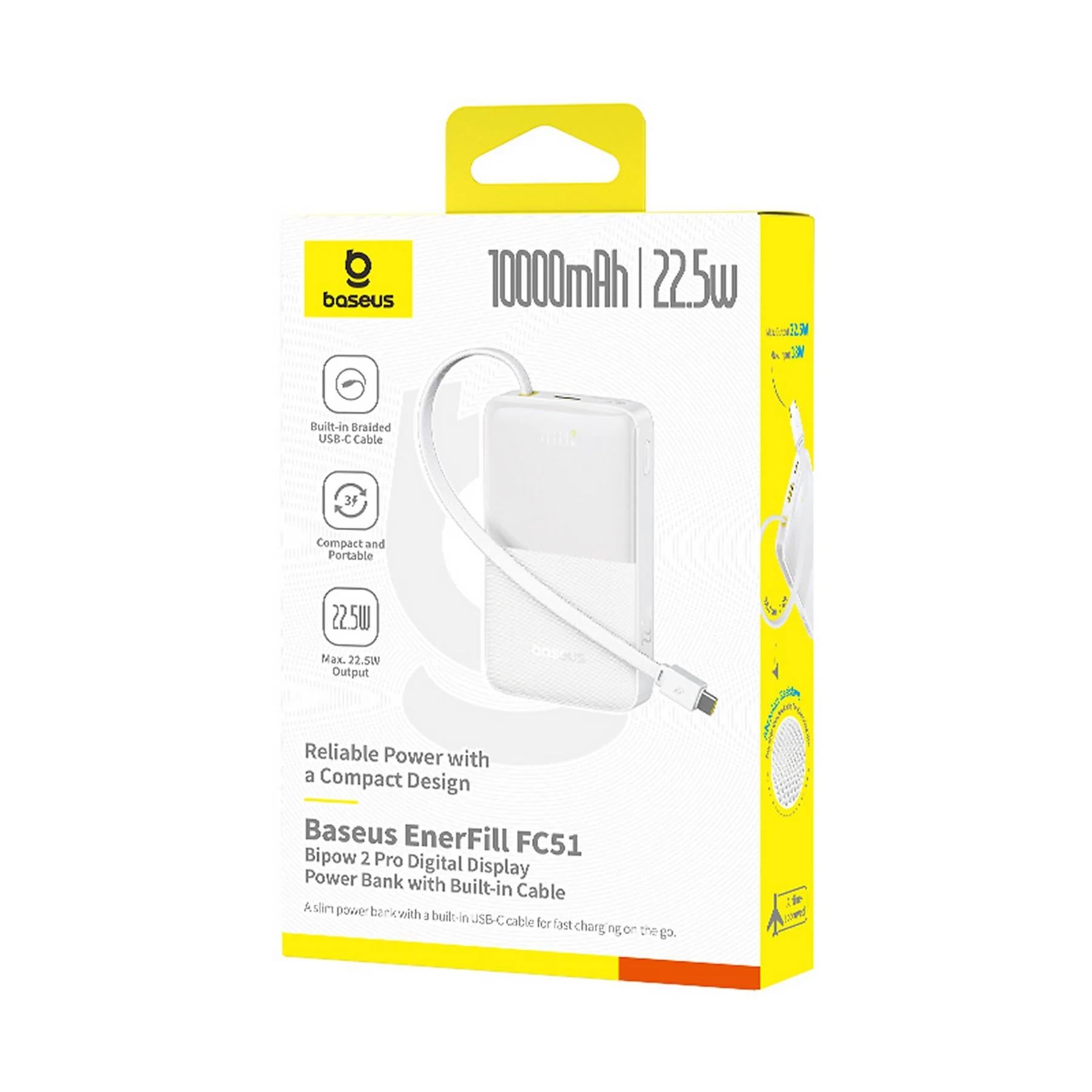 POWER BANK Baseus EnerFill FC51 Bipow2 Pro, 10000mAh, 22.5W, 1 x USB Type-C, 1 x USB, cablu integrat USB Type-C 22cm, alb, "E0027601" - 6932172691868