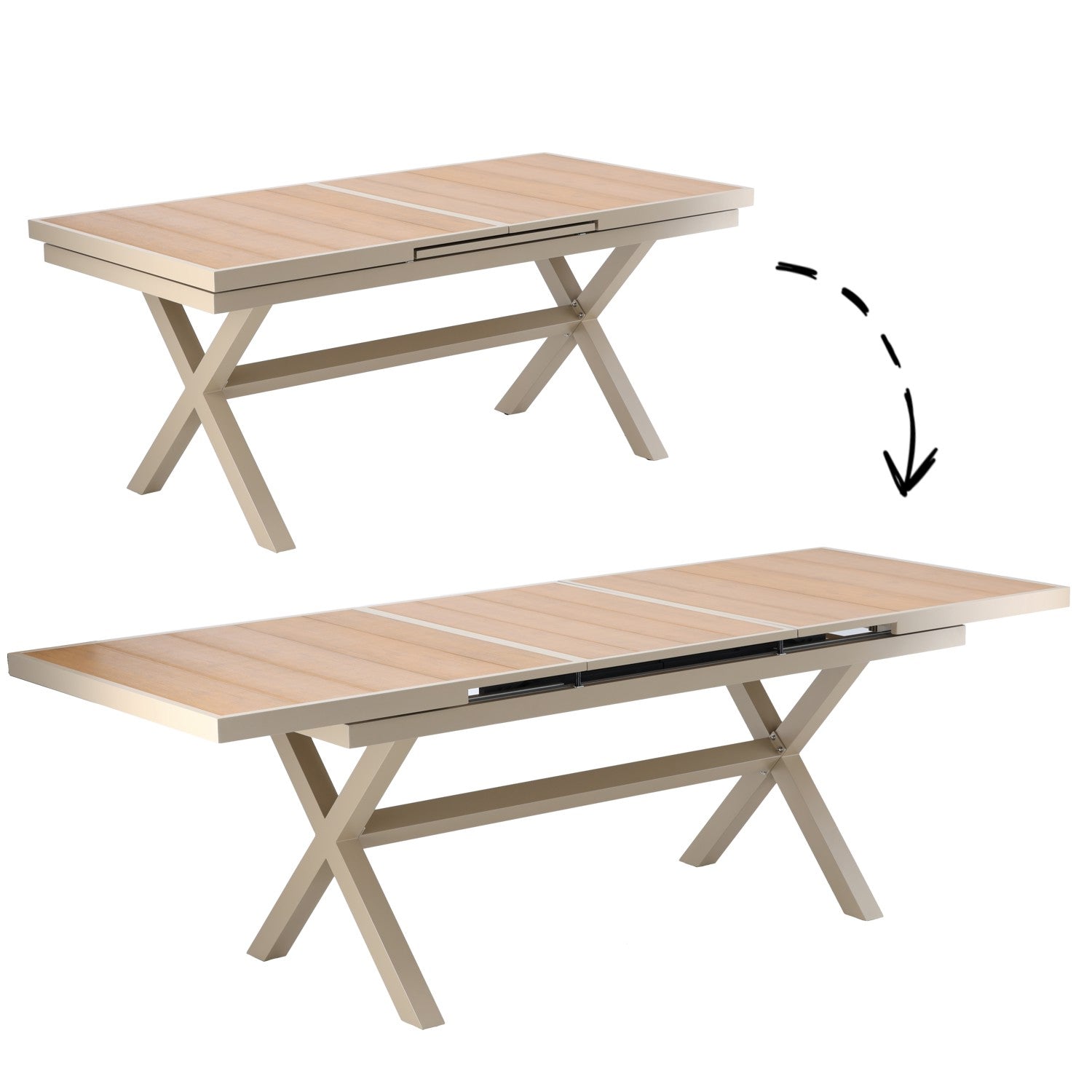 Masa gradina extensibila 180-240 cm din aluminiu cu blat aspect lemn, 180-240x90x76 cm, bej