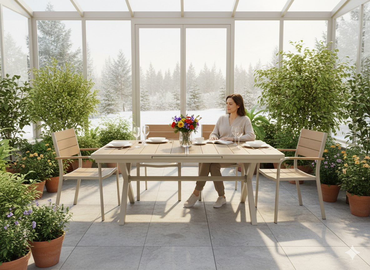 Masa gradina extensibila 180-240 cm din aluminiu cu blat aspect lemn, 180-240x90x76 cm, bej