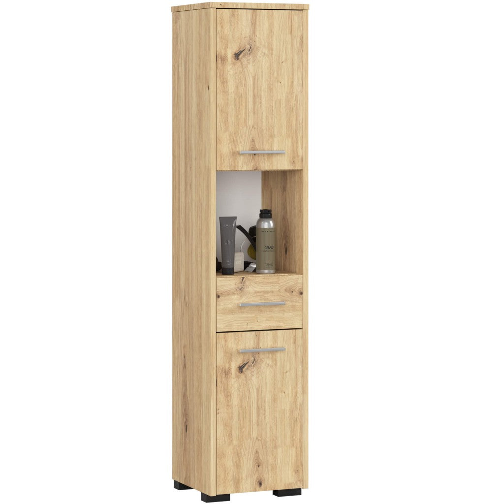Dulap baie tip coloana cu 2 usi, 1 sertar si rafturi interioare, PAL laminat, 30x30x140 cm, stejar artisan