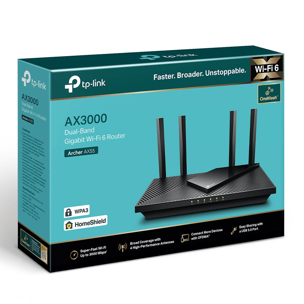 ROUTER TP-LINK wireless AX3000, 3000Mbps,1 x WAN Gigabit, 4 porturi Gigabit,1 x USB 3.1, 2.4 Ghz/5 Ghz dual band, 4 antene externe, WI-FI 6 "Archer AX55"