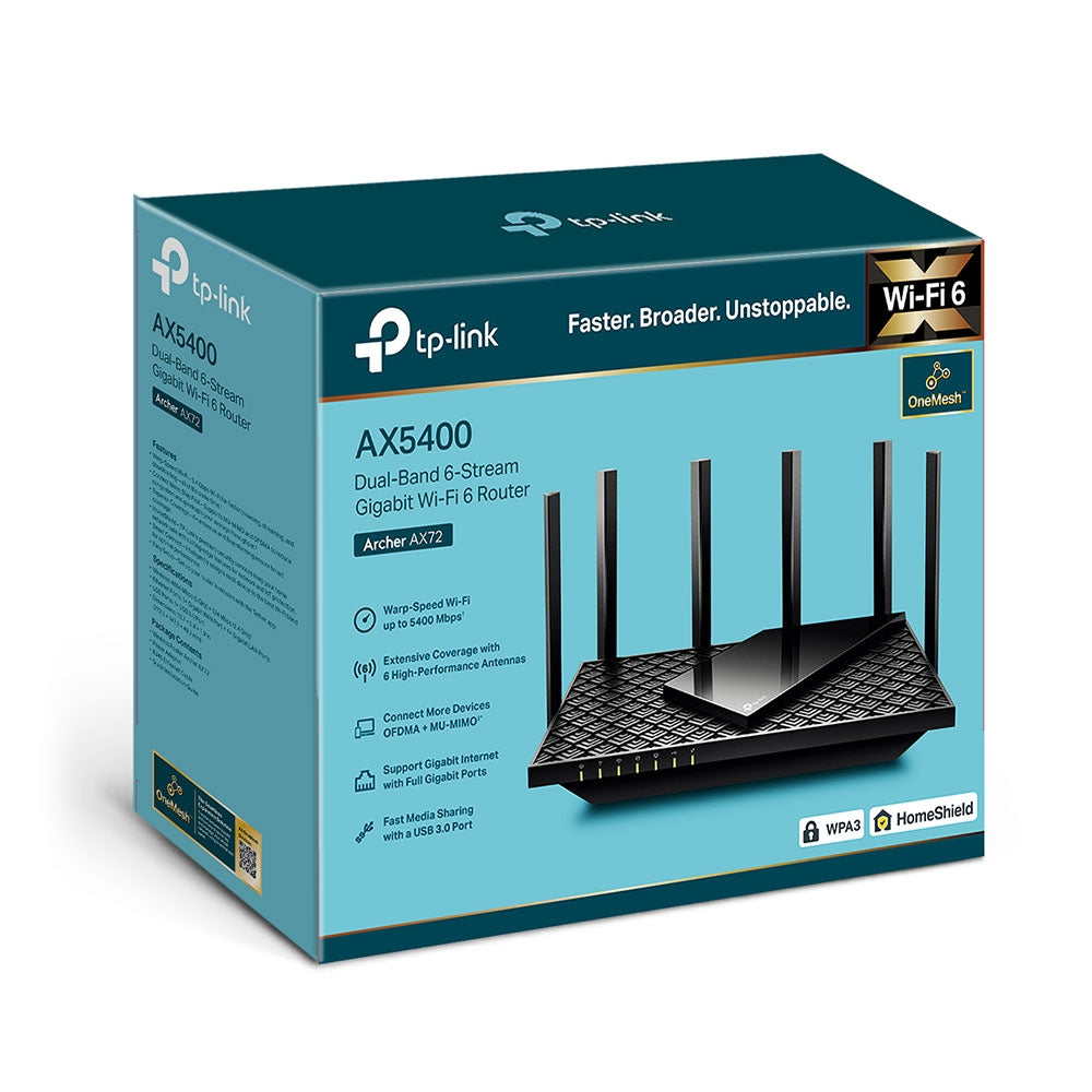 ROUTER TP-LINK wireless AX5400, 5400Mbps,1 x WAN Gigabit, 4 porturi Gigabit,1 x USB 3.0, 2.4 Ghz/5 Ghz dual band, 6 antene externe, WI-FI 6 "Archer AX72"
