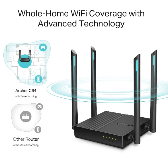 ROUTER TP-LINK wireless 1200Mbps, MU-MIMO, 4 porturi Gigabit, 4 antene externe, Dual Band AC1200 "Archer C64"