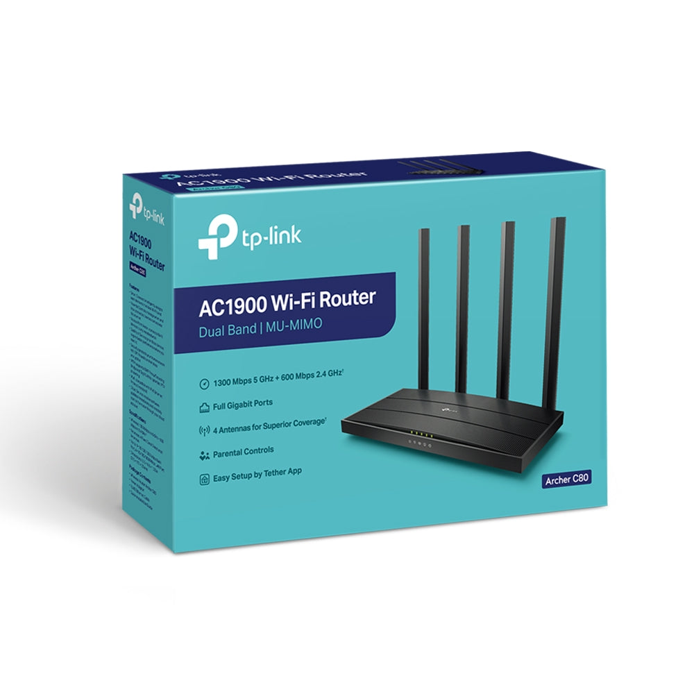 ROUTER TP-LINK wireless 1900Mbps, MU-MIMO, 4 porturi Gigabit, 4 antene externe, Dual Band 2.4 GHz+5 GHz AC1900 "Archer C80"