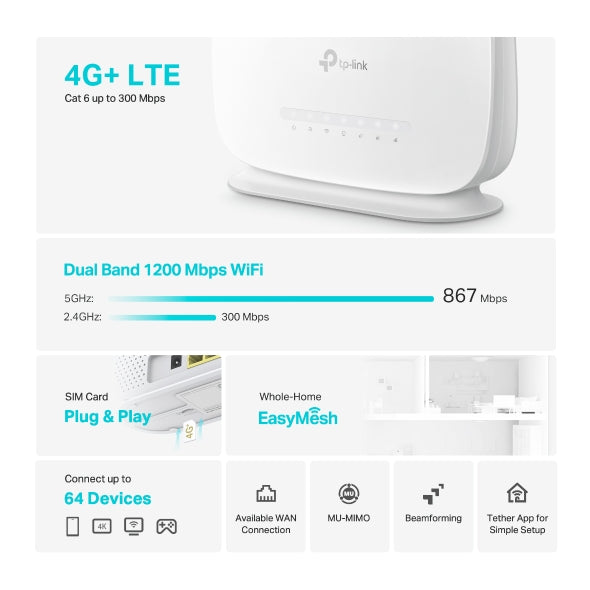 ROUTER TP-Link wireless 300Mbps. 4G+ micro sim slot, 3 porturi 10/100/1000Mbps, antena interna x 2 "Archer MR505"