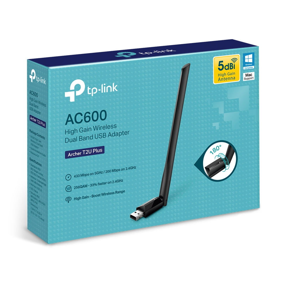 ADAPTOR RETEA TP-LINK AC600, extern wireless 2.4 GHz | 5 GHz, USB 2.0, port, 433 Mbps, antena externa x 1, "Archer T2U Plus"
