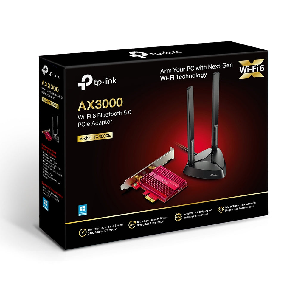 PLACA RETEA TP-LINK AX3000, intern wireless 2.4 GHz | 5 GHz, PCI-E, port, 3000 Mbps, antena externa x 2, "Archer TX3000E"