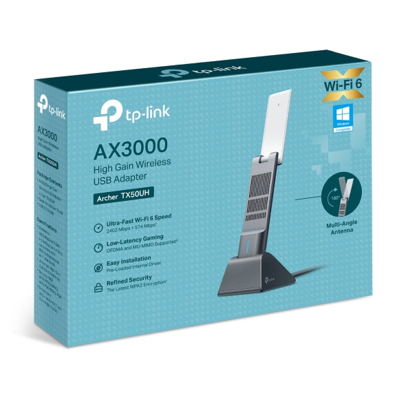 PLACA RETEA TP-LINK AX3000, extern wireless 2.4 GHz | 5 GHz, USB 3.0, port, 3000 Mbps, antena externa x 2, "Archer TX50UH" (include timbru verde 0.18 lei)