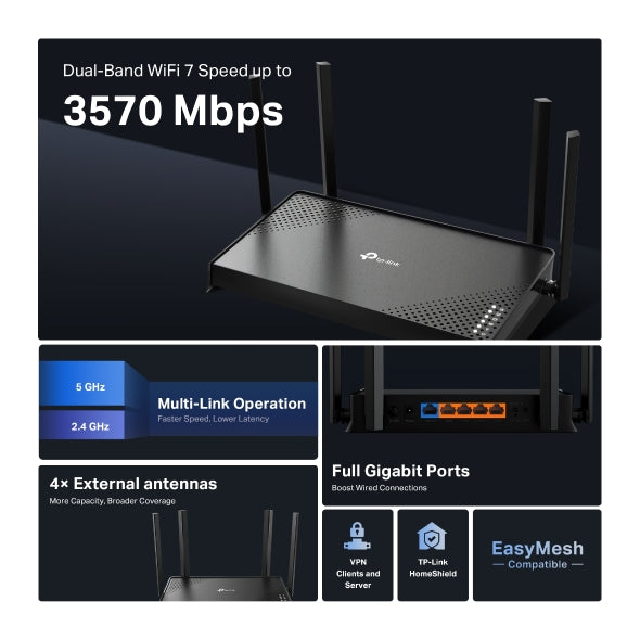 ROUTER TP-LINK wireless BE3600 viteze Wi-Fi 7 Dual-Band de pana la 3600 Mbps 1× port WAN Gigabit, 4 × porturi LAN Gigabit, 2.4 Ghz/5 Ghz dual band, WI-FI 7 "Archer BE220"