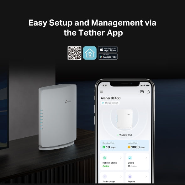 ROUTER TP-LINK wireless BE7200 viteze Wi-Fi 7 Dual-Band de pana la 7200 Mbps 1× 10 Gbps WAN/LAN port, 1× 2.5 Gbps WAN/LAN port and 3× 1 Gbps LAN, 2.4 Ghz/5 Ghz dual band, WI-FI 7 "Archer BE450"