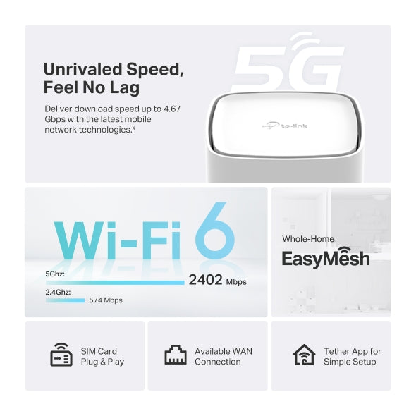 ROUTER TP-LINK, 5G AX3000 Dual Band, 1 × Gigabit LAN/WAN, 2 × Gigabit LAN, 1 × Nano SIM, 2.4 / 5Ghz dual band,"Archer NX500"