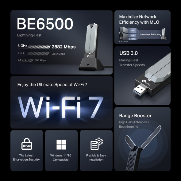 PLACA RETEA TP-LINK BE6500 Wi-Fi 7, extern wireless 2.4 GHz | 5 GHz | 6 GHz, USB 3.0, port, 6500 Mbps, antena externa x 2, lungime cablu 1.2 m, "Archer TBE400UH" (include timbru verde 0.18 lei)