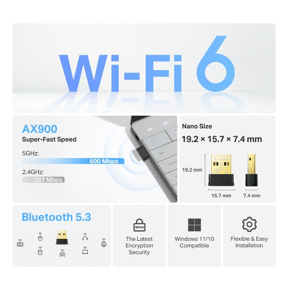 ADAPTOR RETEA TP-LINK AX900, USB extern wireless 2.4 GHz | 5 GHz, 900 Mbps, WI-FI 6 si Bluetooth 5.3 "Archer TX10UB Nano"