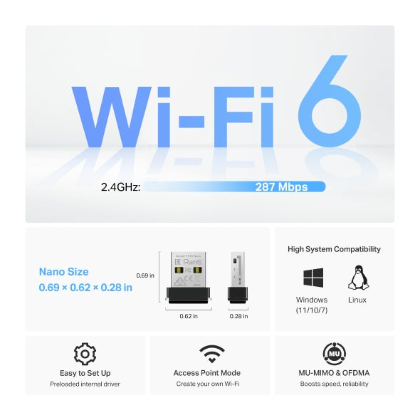PLACA RETEA TP-LINK AX300, extern wireless 2.4 GHz, USB 2.0, port, 300 Mbps, antena interna x 1, Wi-Fi 6 "Archer TX1U Nano" (include timbru verde 0.18 lei)