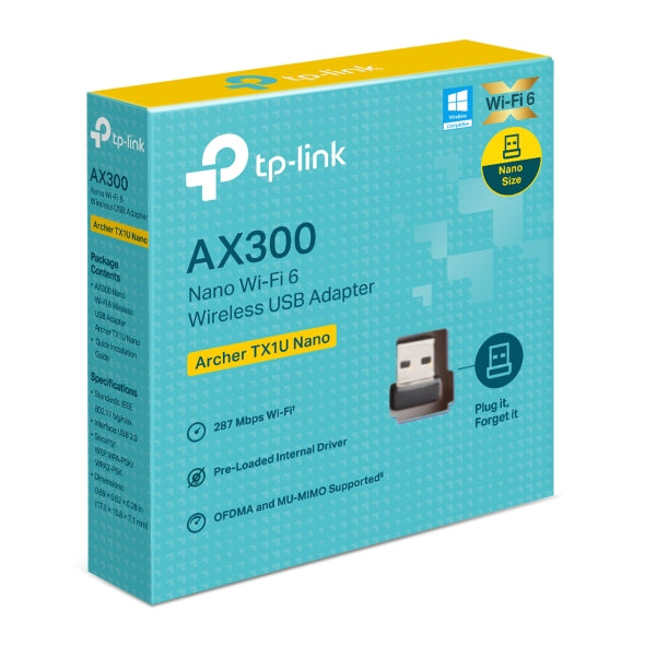 PLACA RETEA TP-LINK AX300, extern wireless 2.4 GHz, USB 2.0, port, 300 Mbps, antena interna x 1, Wi-Fi 6 "Archer TX1U Nano" (include timbru verde 0.18 lei)