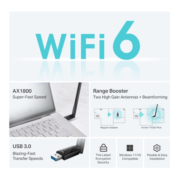 PLACA RETEA TP-LINK AC1800, extern wireless 2.4 GHz | 5 GHz, USB 3.0, port, 1800 Mbps, antena externa x 1, "Archer TX35U Plus" (include timbru verde 0.18 lei)